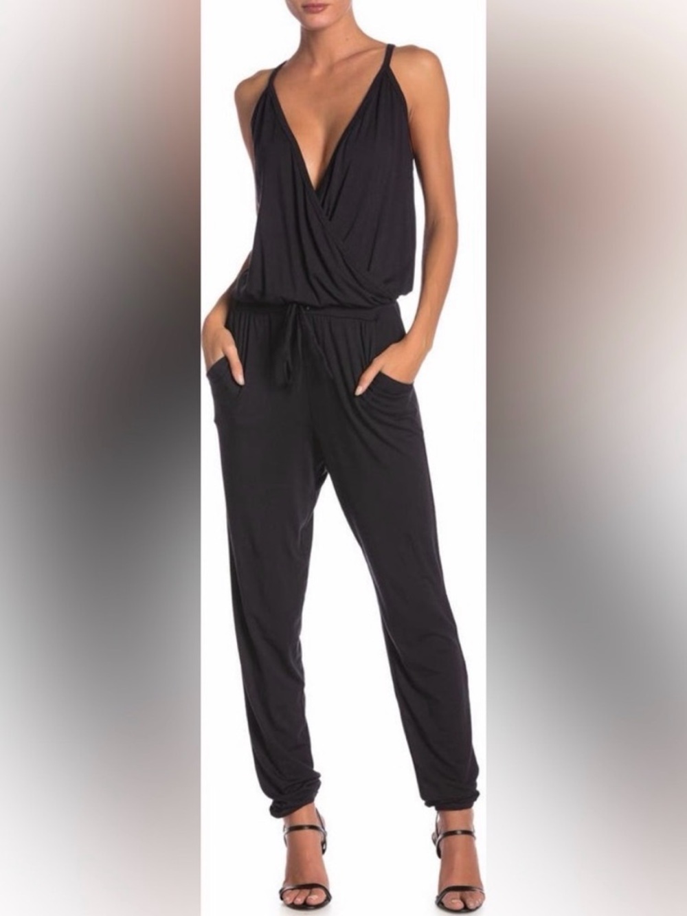Go Couture Black Sleeveless Surplice Jumpsuit with Tapered Legs